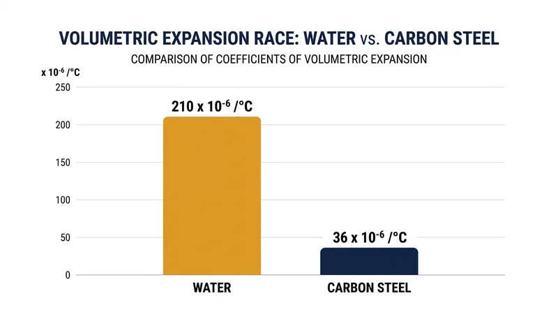 Water expands nearly six times faster than the steel pipe containing it.