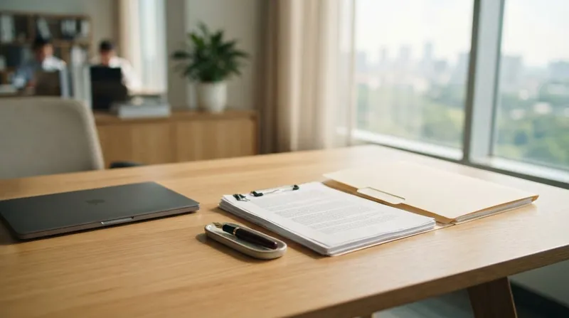 A corporate lawyer in a modern glass-walled office carefully reviewing a software contract document.