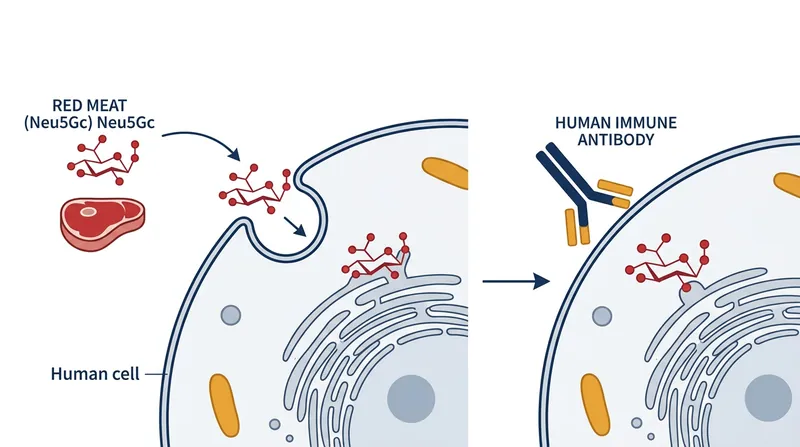 Because human cells cannot produce Neu5Gc, the immune system treats the absorbed animal sugar as a foreign invader.