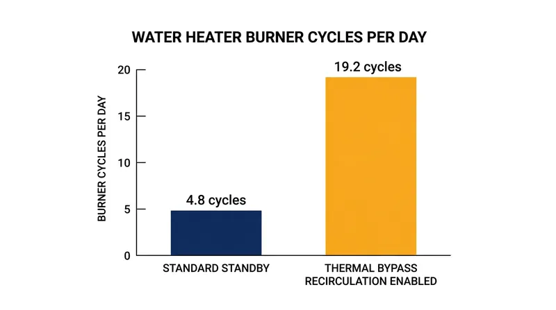 Activating a thermal bypass loop quadruples the frequency of standby burner cycles.