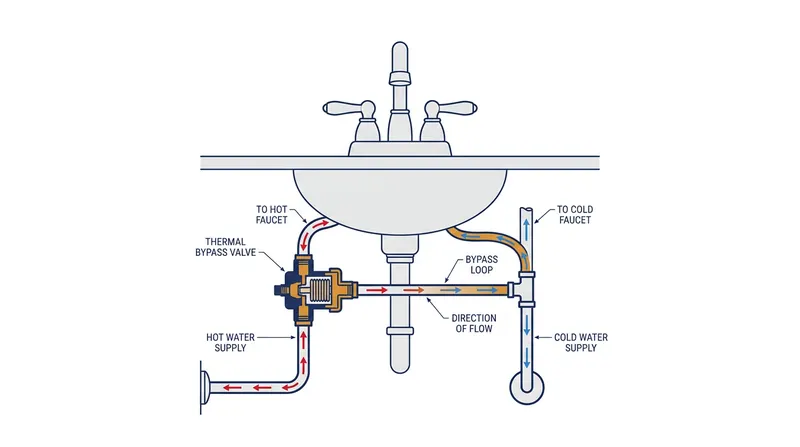 A thermal bypass valve uses the uninsulated cold water line as a makeshift return path, radiating heat into the walls.