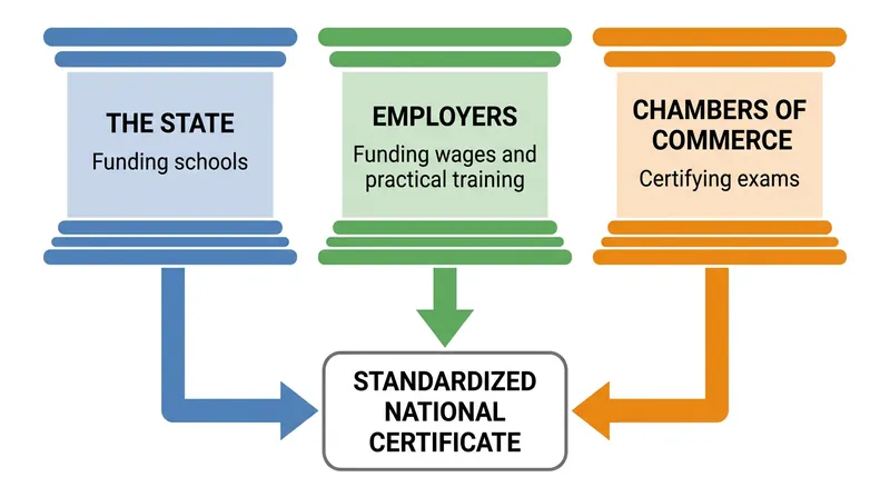 The system relies on strict co-financing and standardized certification enforced by regional chambers of commerce.
