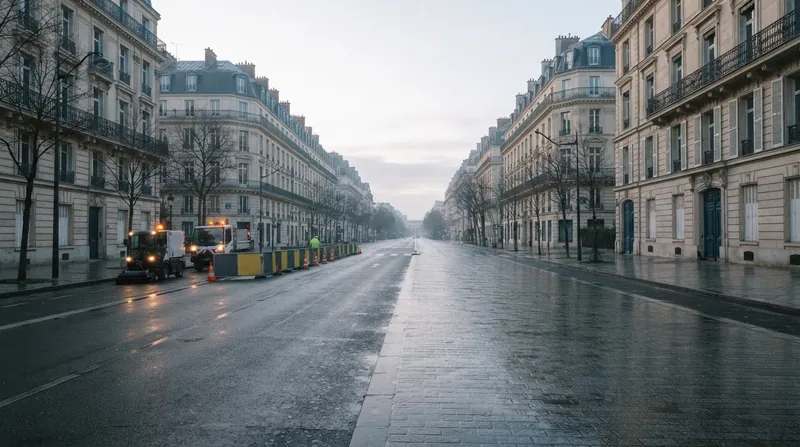 French riot police standing in formation on a debris-strewn Parisian boulevard at dawn.