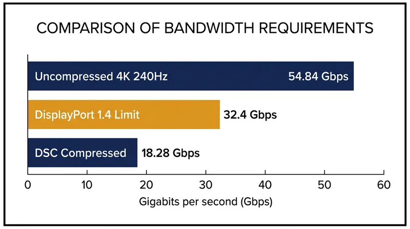 DSC reduces the 54.84 Gbps requirement of 4K 240Hz video to fit comfortably inside a standard DisplayPort 1.4 cable.