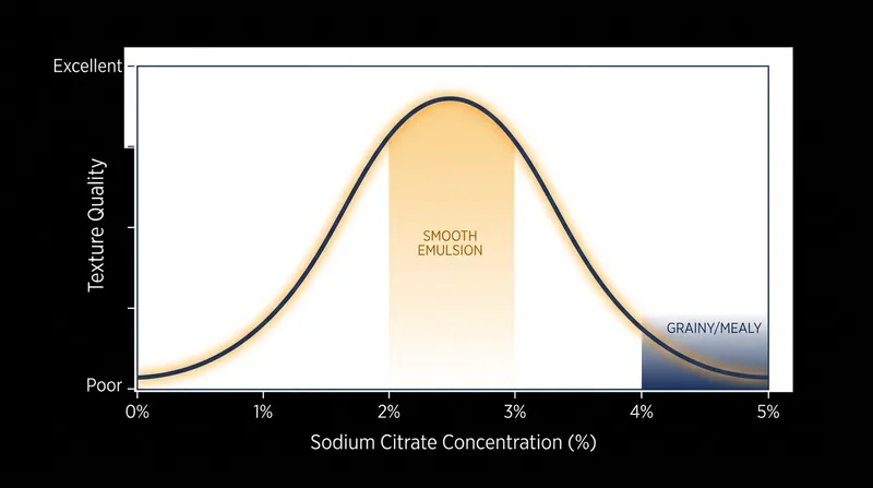 Exceeding a 3.0 percent concentration over-chelates the calcium, causing the emulsion to break and the texture to turn mealy.