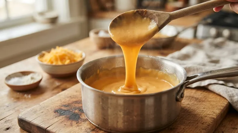 A stream of smooth, glossy melted cheese sauce being poured from a copper saucepan into a bowl.