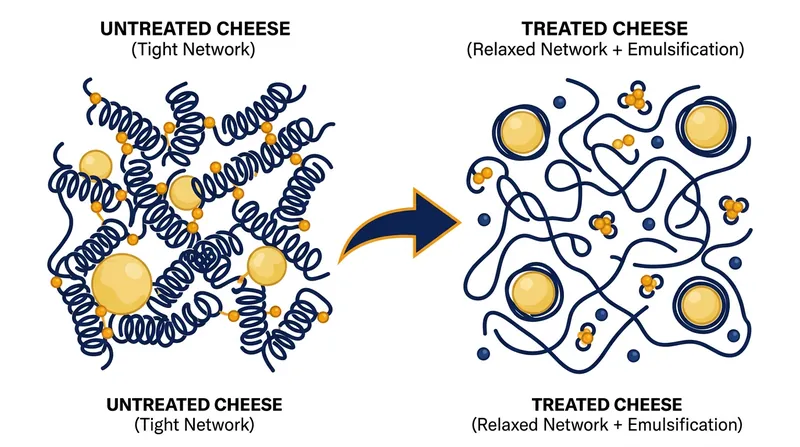 Sodium citrate acts as a calcium chelator, swapping sodium ions for calcium to loosen the rigid casein protein matrix.