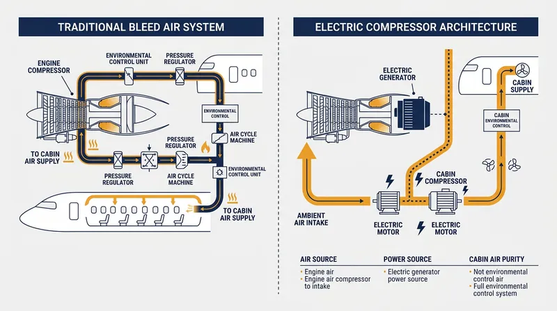 Electric compressors sever the pneumatic link between the engine core and the cabin, eliminating the risk of oil contamination.