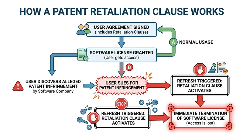 Patent retaliation clauses create a mutually assured destruction scenario to deter corporate lawsuits.