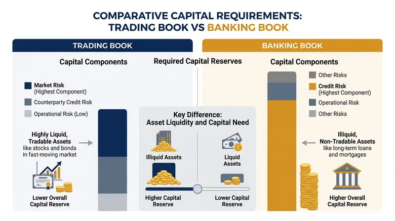 Banks must hold significantly more capital against illiquid loans in their banking book compared to easily sellable assets in their trading book.