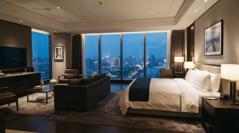 A pristine, empty luxury hotel suite at dusk with city lights visible through the windows.