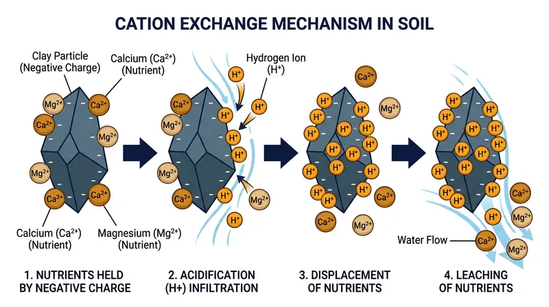 Hydrogen ions possess a stronger magnetic affinity for soil particles, physically knocking essential nutrients away.