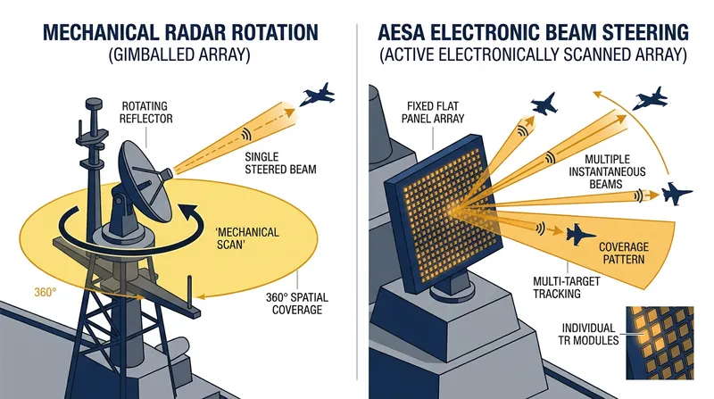 AESA systems eliminate the blind spots of mechanical sweeps by projecting multiple beams simultaneously.