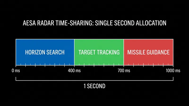 AESA arrays time-share their emissions so rapidly that search, track, and guidance functions appear simultaneous.