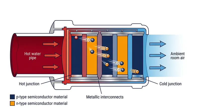 The Seebeck effect generates an electrical current when electrons migrate from the heated side of a semiconductor to the cooled side.