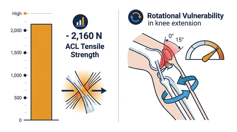 The ACL can withstand massive linear force but fails rapidly under rotational torque when the knee is fully extended.