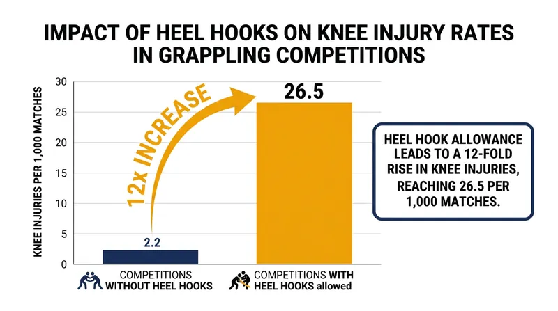 Competitions permitting heel hooks see a dramatic 12-fold spike in catastrophic knee injuries compared to restricted rulesets.