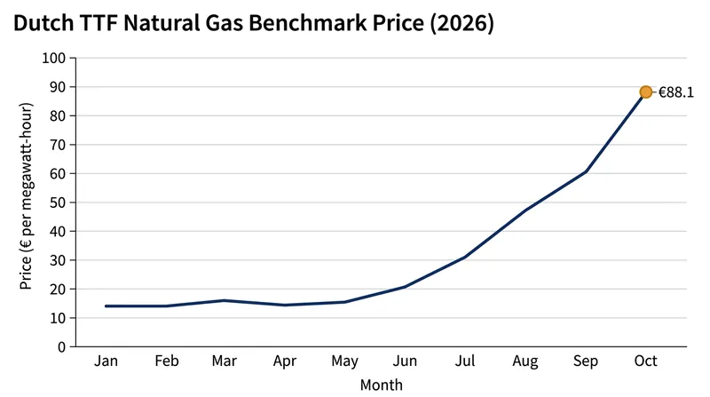 The Dutch TTF natural gas benchmark has surged 210 percent year-to-date, reaching its highest level since December 2022.