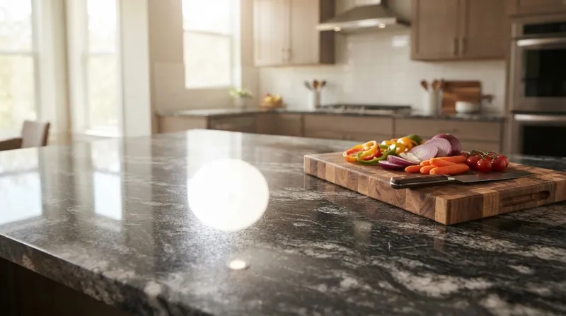 A person chopping vegetables on a polished kitchen island while a bright ceiling light reflects harshly off the stone.
