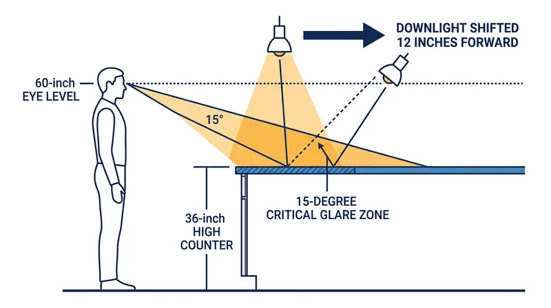Shifting the light source outside the 15-degree critical zone redirects the reflection toward the backsplash.