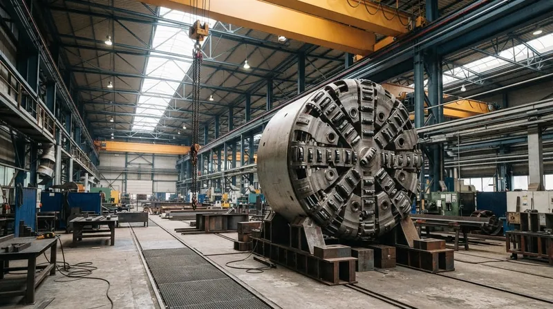 A massive circular cutterhead of a tunnel boring machine breaking through rock in an underground construction site.
