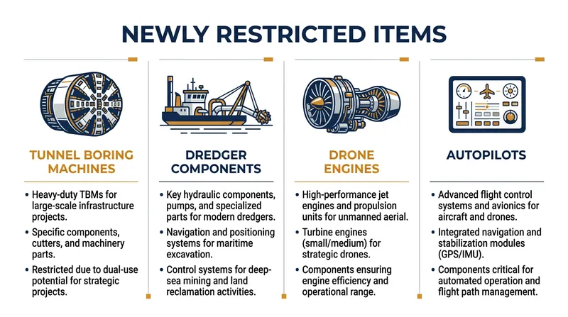 The expanded export control list targets both heavy industrial machinery and critical aerospace subassemblies.