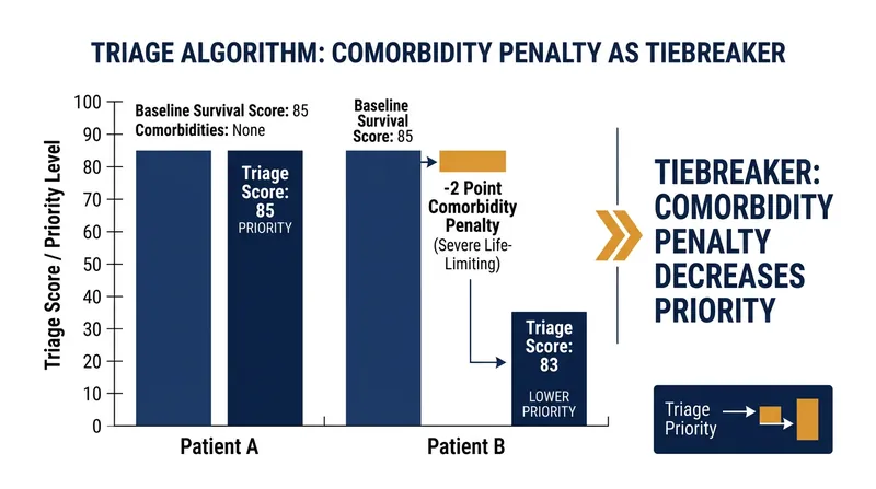 When short-term survival predictions tie, secondary criteria like comorbidity penalties are used to allocate resources.