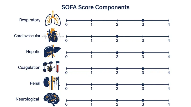 The SOFA score predicts short-term mortality by measuring dysfunction across six major organ systems.