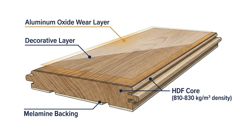 The high-density fiberboard (HDF) core is protected on the top and bottom, but the milled click-lock joints expose vulnerable end grain.