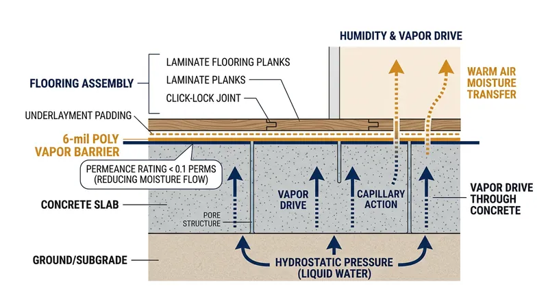 A Class I vapor retarder blocks upward moisture transmission, preventing vapor drive from reaching the hygroscopic HDF core.