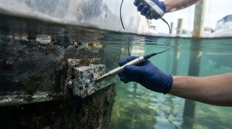 Illustration: A reference electrode measures the exact electrical potential of a submerged hull to verify protection.