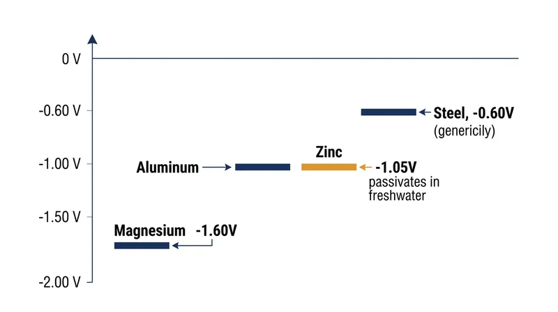 Magnesium's higher galvanic potential allows it to push current through resistive freshwater.