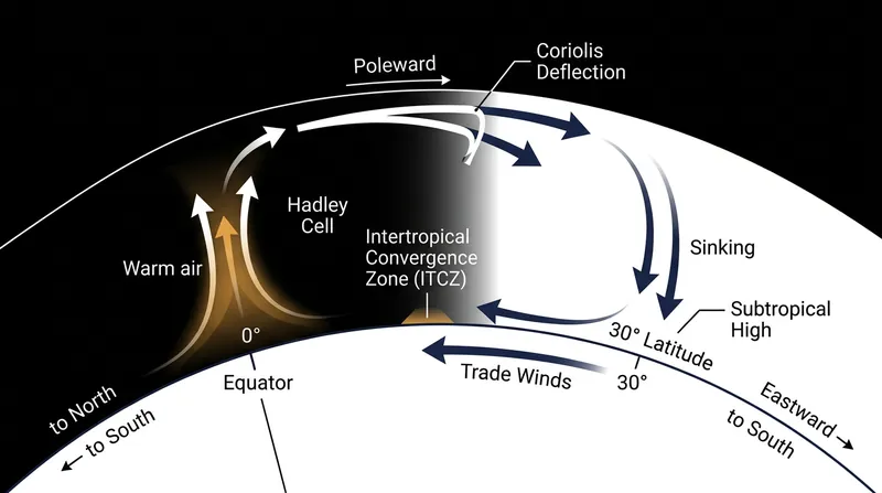 The Earth's rotation deflects high-altitude winds, forcing them to sink in the subtropics and create the descending branch of the Hadley cell.