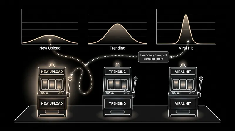 By drawing a random sample from each distribution, the algorithm occasionally allows an untested video to beat a proven viral hit.