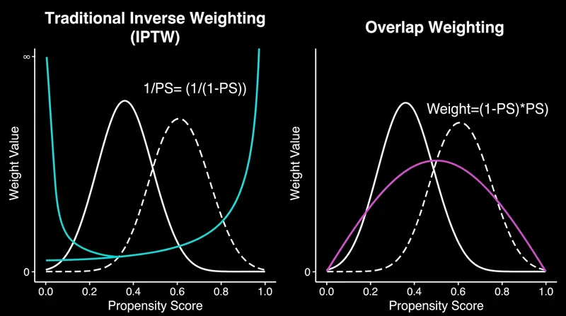 Unlike traditional inverse weights, overlap weights naturally down-weight extreme propensity scores to zero, avoiding the need for hard trimming cutoffs.