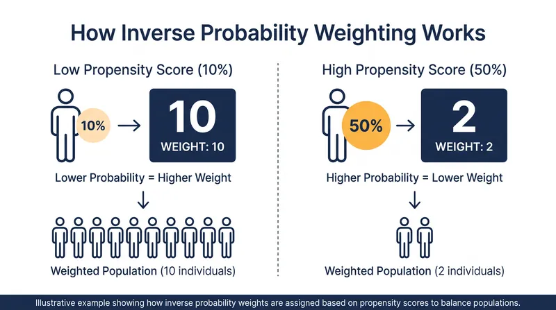 Inverse probability weighting balances observational data by assigning higher weights to patients who received unexpected treatments.