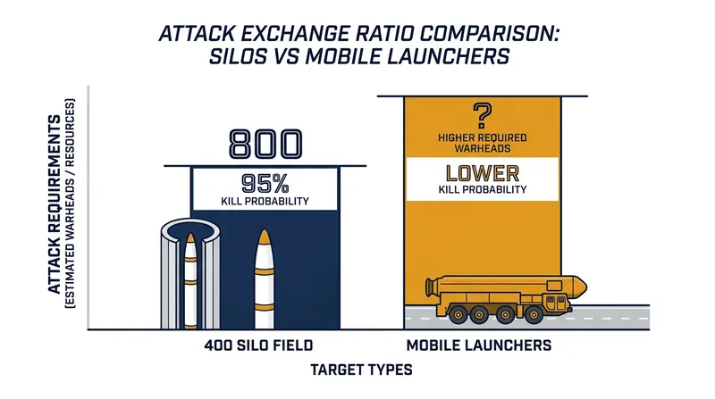Attacking a hardened silo field requires an adversary to expend at least two warheads for every target destroyed.