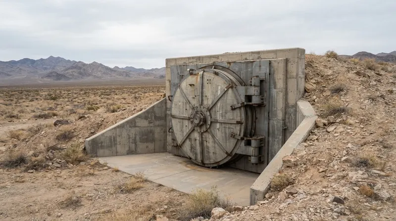 Illustration: The sheer mass of the concrete blast door provides the primary defense against the thermal and kinetic energy of a nuclear strike.