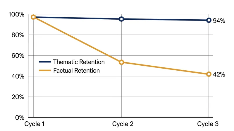 Specific numerical entities decay significantly faster than overarching themes during recursive summarization.