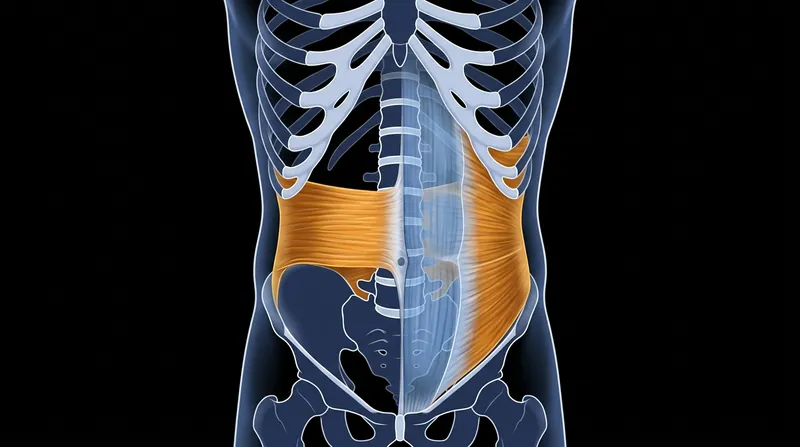 The transverse abdominis wraps around the torso, acting as a deep stabilizing corset for the spine.