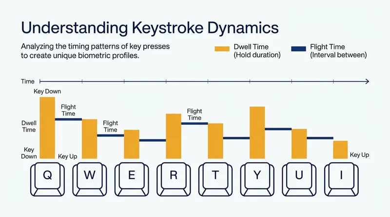 Keystroke dynamics establish a behavioral baseline by measuring the exact millisecond latencies between key presses.