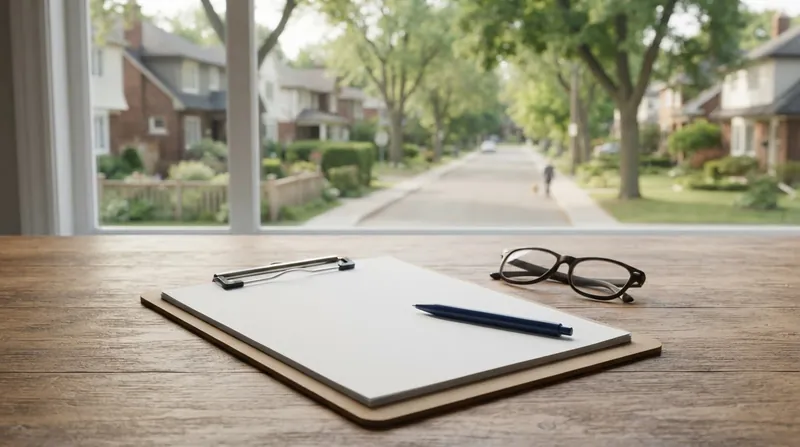A person holds a clipboard and fills out a paper survey while looking thoughtfully toward a neighborhood street.