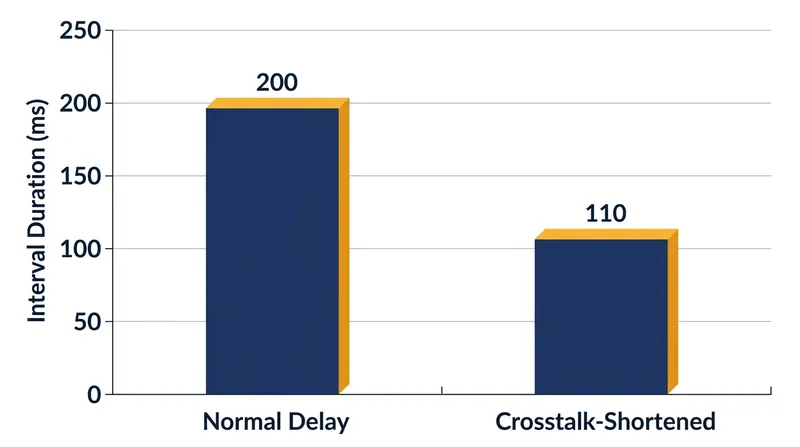 Crosstalk inverts the expected pacing interval, drastically shortening the time between atrial and ventricular contractions.