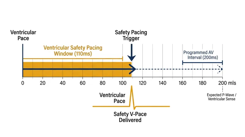 The Ventricular Safety Pacing algorithm forces an early contraction at 110 milliseconds to prevent cardiac arrest.