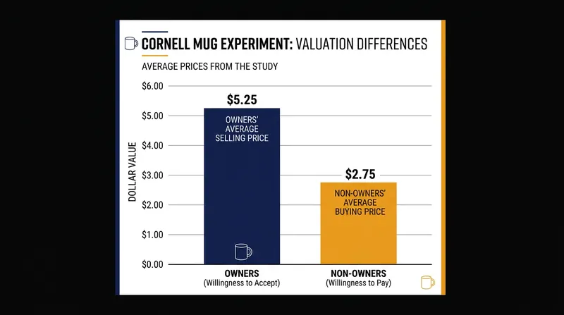 The endowment effect instantly doubles the perceived value of an object once ownership is established.