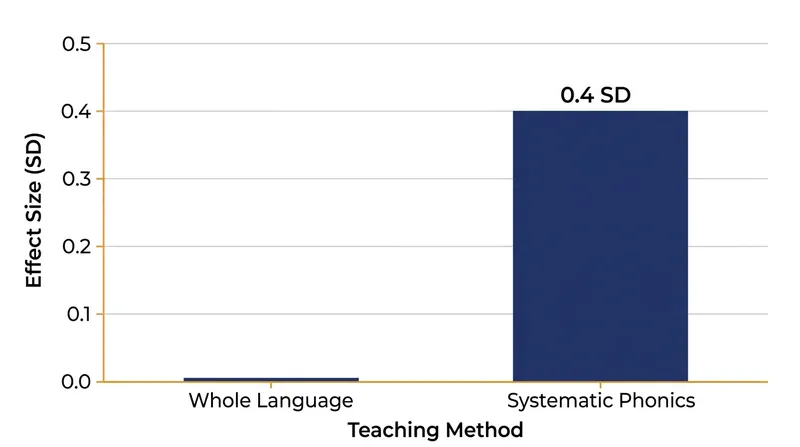 Longitudinal trials demonstrate a 0.4 standard deviation advantage for systematic phonics over whole-language instruction.