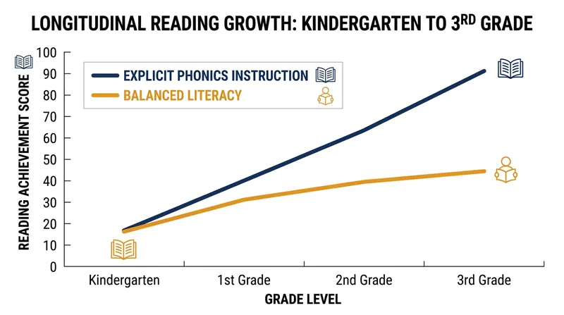 The achievement gap between phonics-trained students and their whole-language peers widens significantly by the third grade.