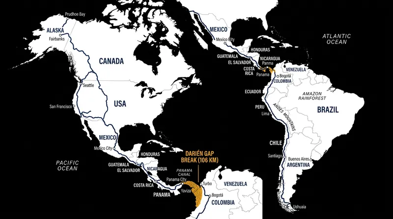 The Pan-American Highway terminates at Yaviza, Panama, and resumes at Turbo, Colombia.