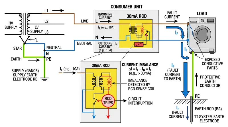 An RCD detects the tiny fraction of current leaking into the earth rod and cuts the power instantly.