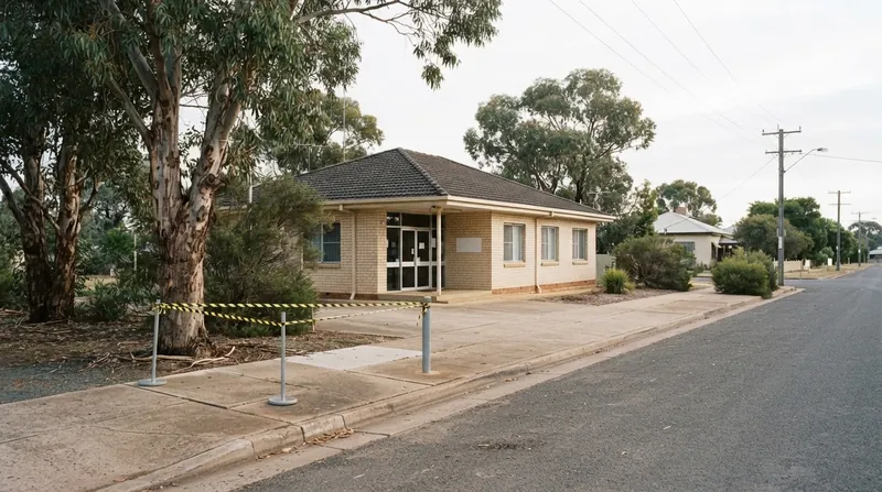 Police tape and emergency vehicles block the street outside an Australian electorate office in Wangaratta.